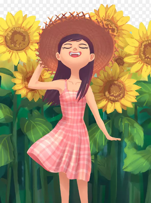 手绘人物插画夏日女孩与向日葵