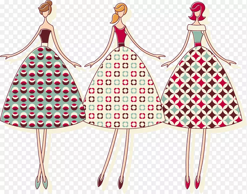 3款复古裙装女子矢量素材