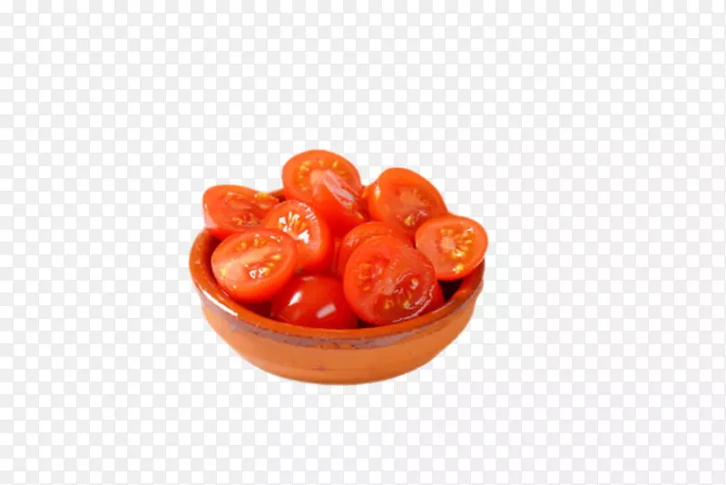 实物红色碗里切开的樱桃番茄