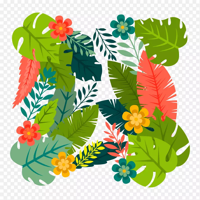 彩色夏季棕榈树叶和花卉框架矢量