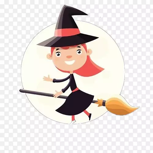 可爱的卡通小女巫骑着魔法扫帚