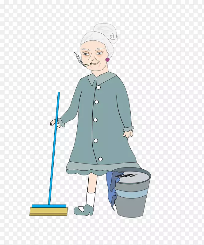 卡通人物擦地板的老奶奶