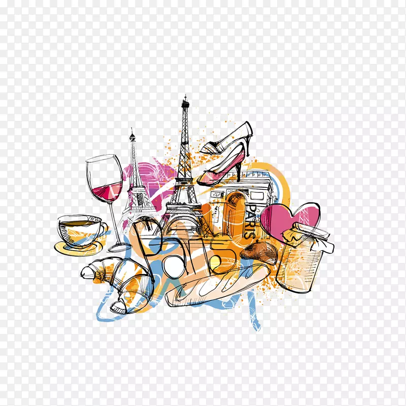埃菲尔铁塔与美食插画