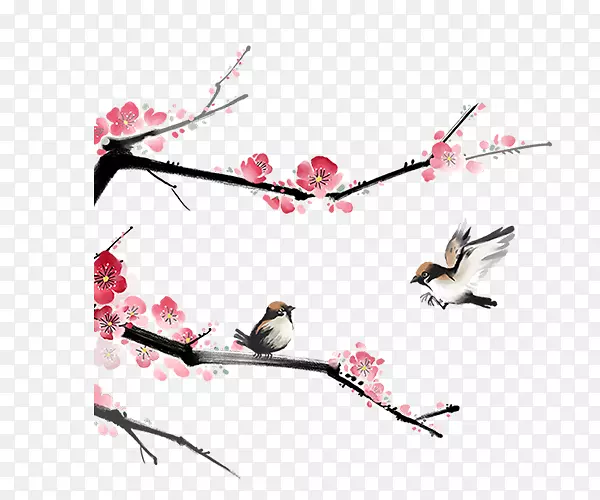 水彩手绘梅花枝和鸟儿