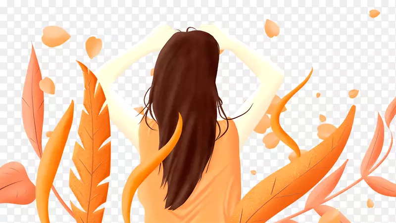 免抠手绘橙色花丛里女孩背影