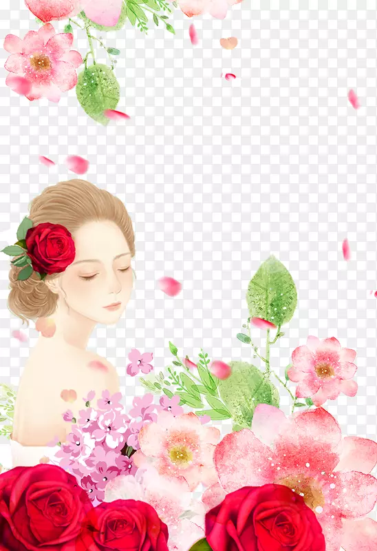 免抠卡通手绘春季花丛里的女人