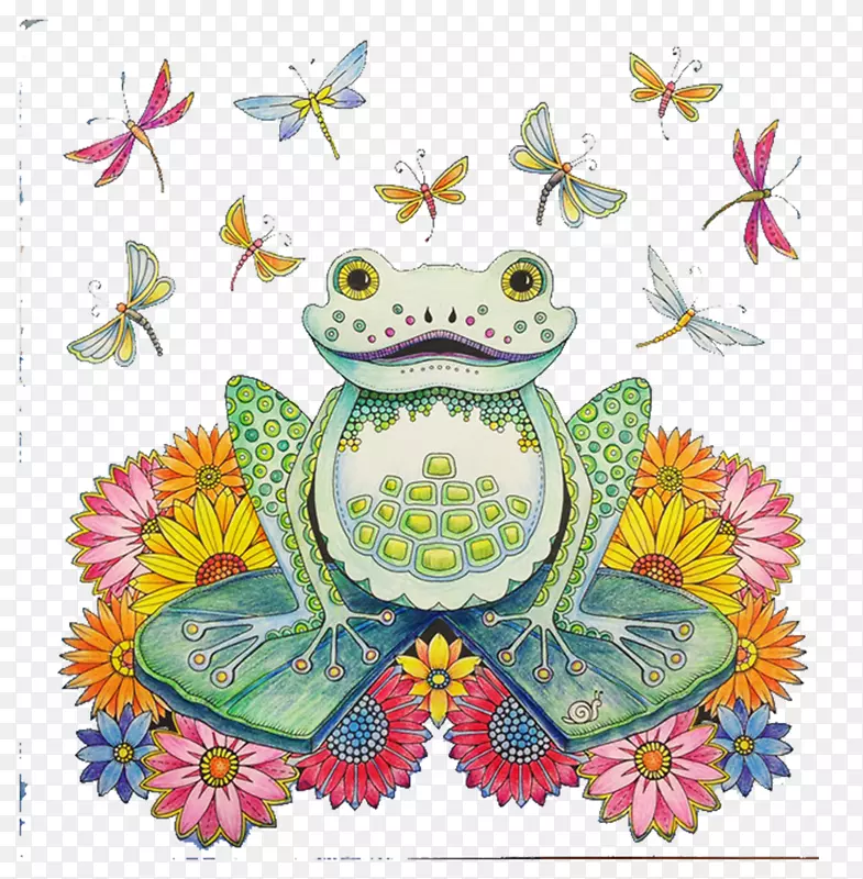 手绘花丛中的青蛙