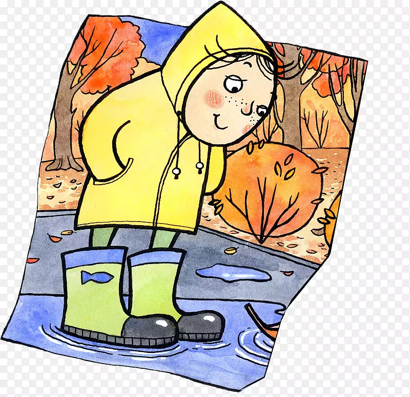 可爱卡通插图穿雨靴雨衣踩在水湾