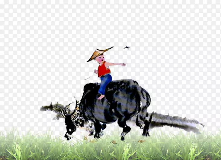 骑着牛的牧童水墨画元素