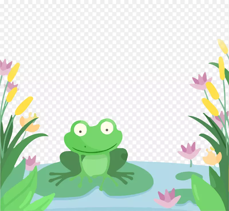 卡通手绘夏季青蛙池塘插画免抠