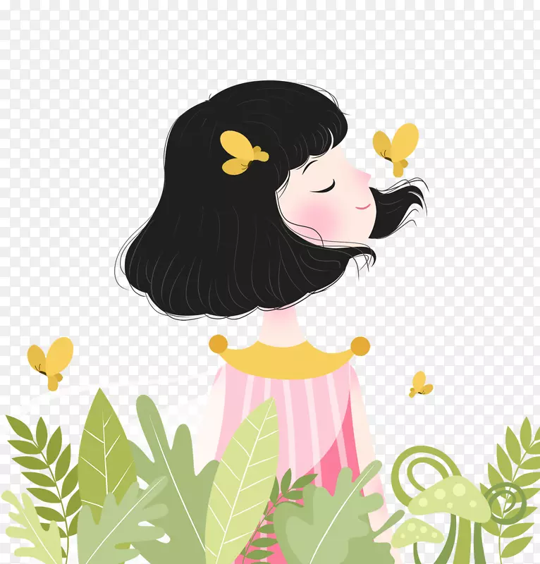 免抠卡通手绘花丛中的女孩