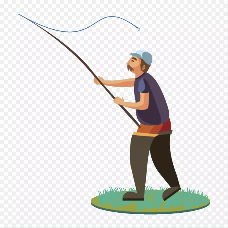 卡通手绘渔夫抛竿钓鱼