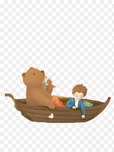 坐在小船中的熊和男孩