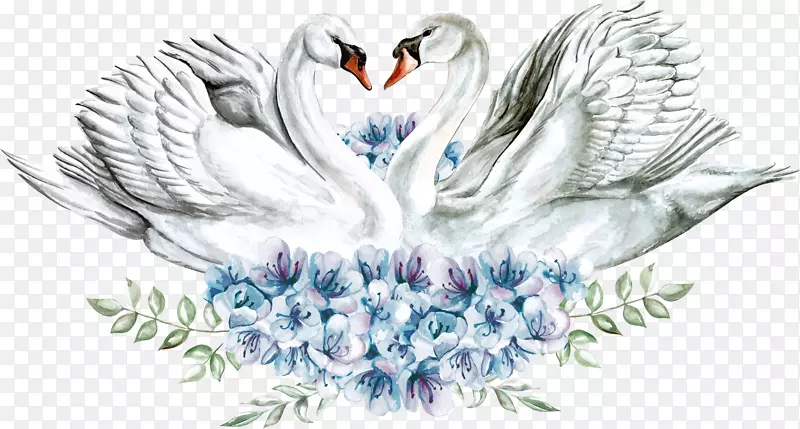 卡通手绘花朵与天鹅