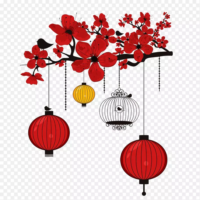 红色灯笼梅花节日元素