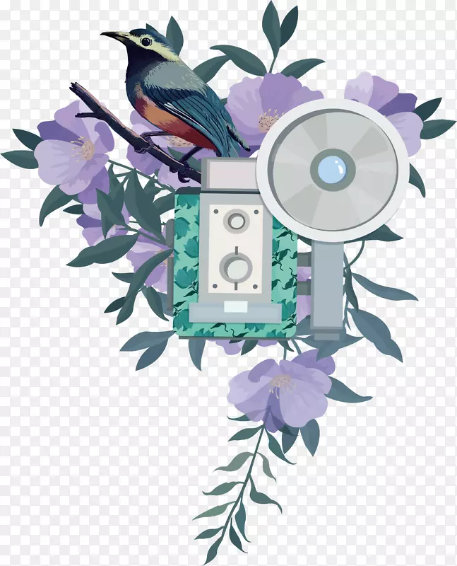 春天紫色花丛小鸟相机