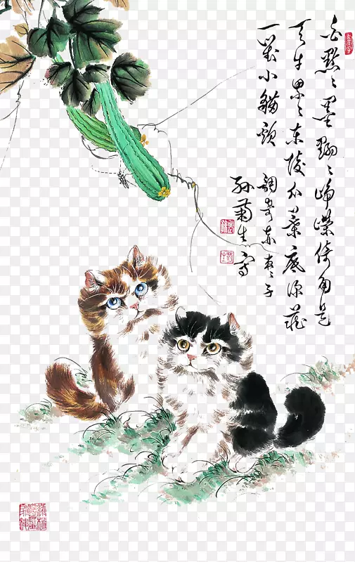 中国画瓜藤下的猫