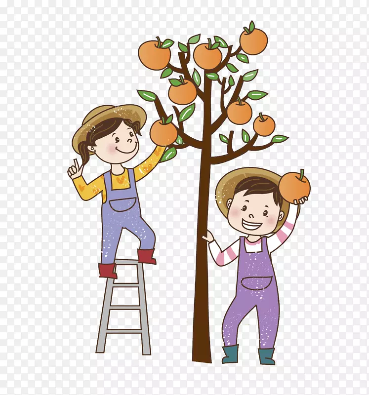 爬梯子的小孩摘苹果场景图