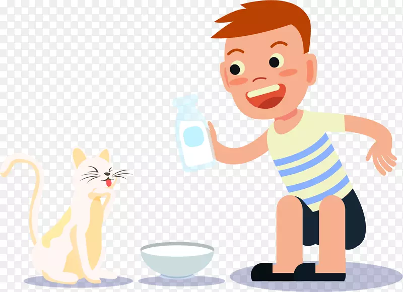 小孩给猫咪喂牛奶插画设计