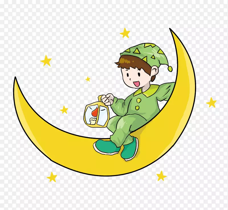 卡通月亮上穿着绿色睡衣的儿童插