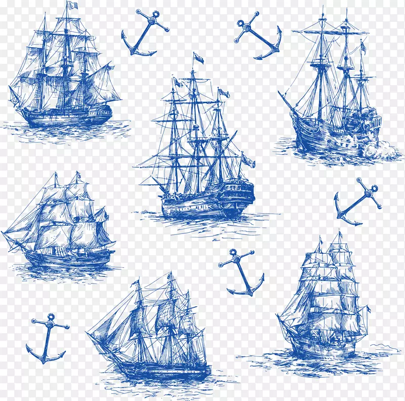手绘 帆船 蓝色 海盗船