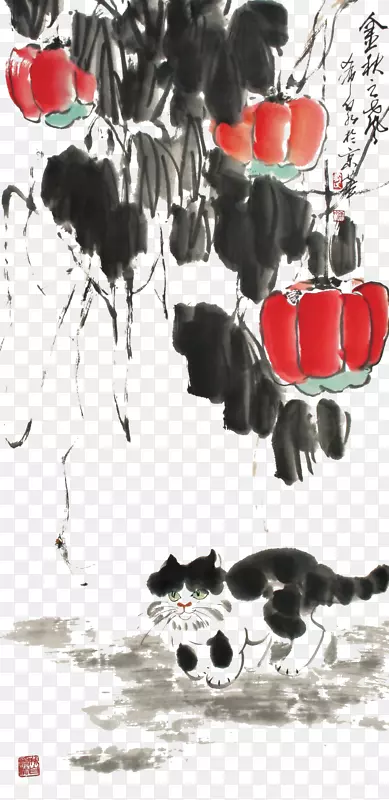 庞希泉现代国画南瓜藤叶下的猫