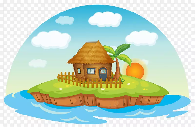 手绘海岛上的茅草小屋