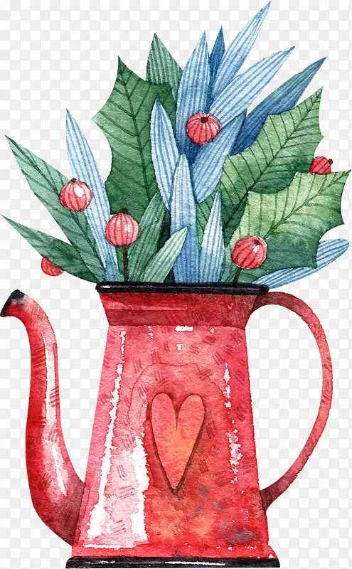 手绘红色茶壶花盆免抠图