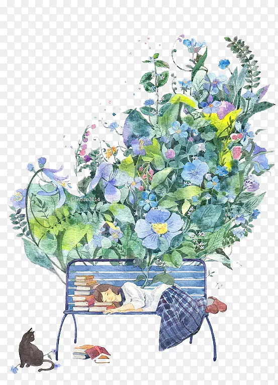 蓝色水彩花盆