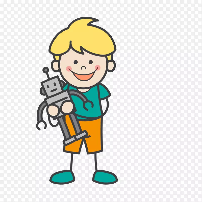 卡通手绘拿着机器人的男孩
