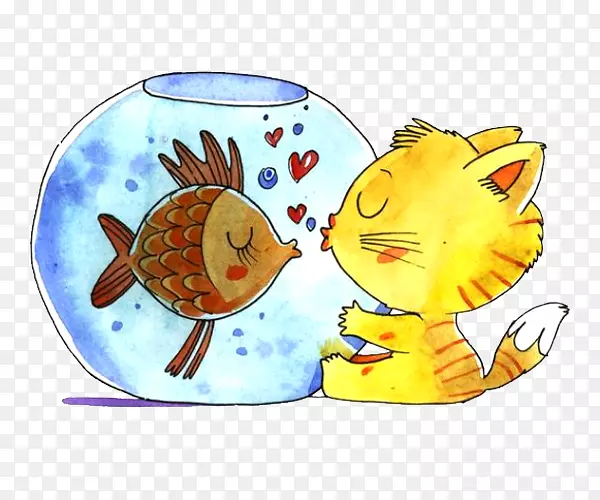 黄色猫咪拥抱鱼缸和鱼亲吻