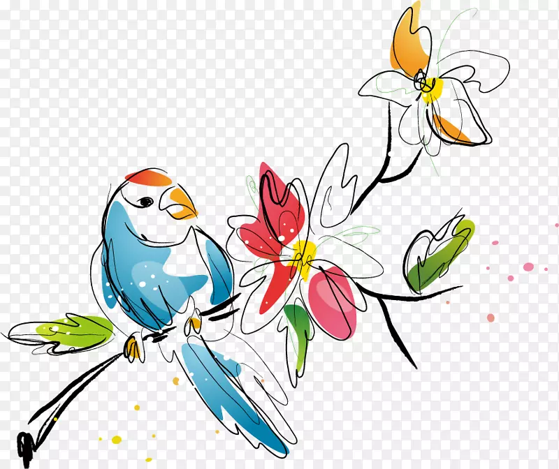 春季素描小鸟花朵png矢量素材