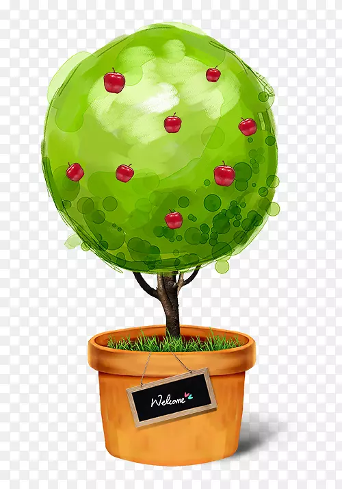 卡通花盆里的苹果树