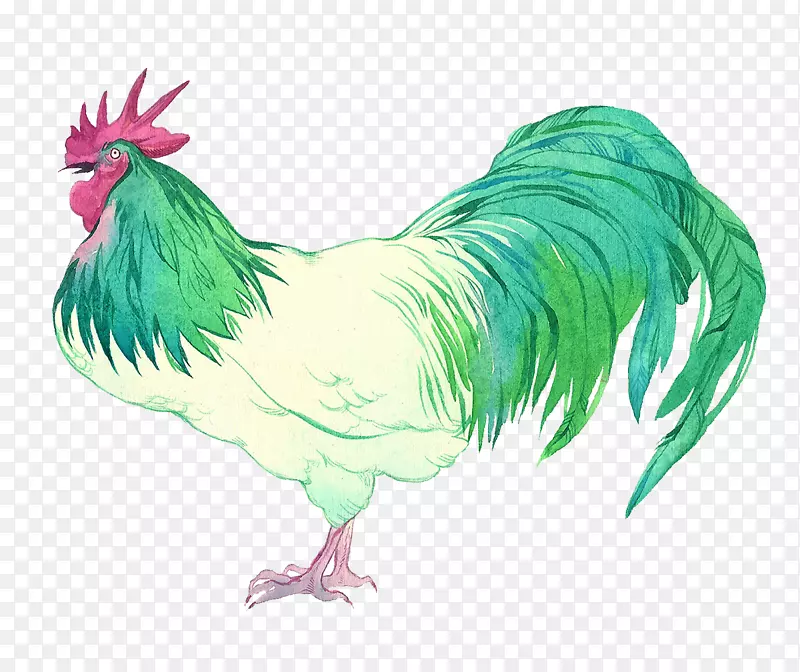 创意水彩绿色公鸡
