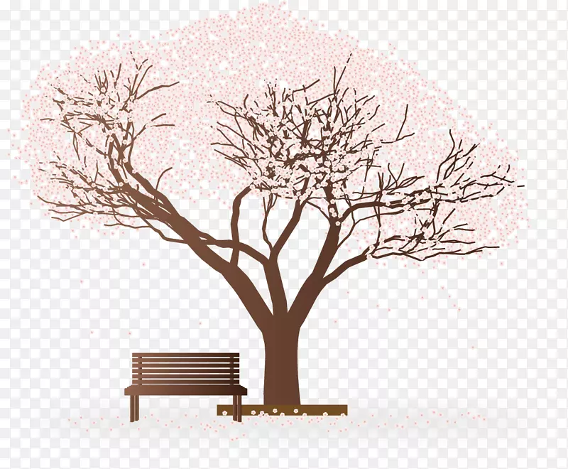 矢量手绘樱花树下的长椅