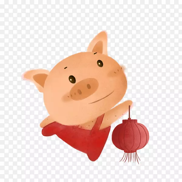 水彩手绘可爱的小猪拿着灯笼