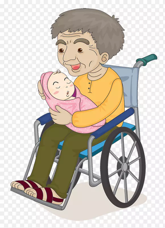 坐在轮椅上的老人抱着小宝宝
