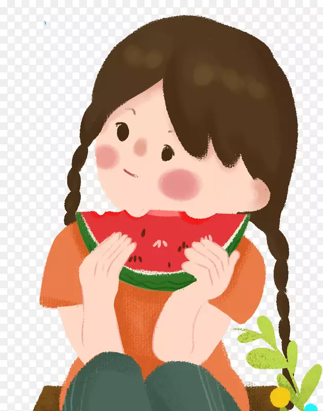 彩色圆弧吃西瓜的小女孩