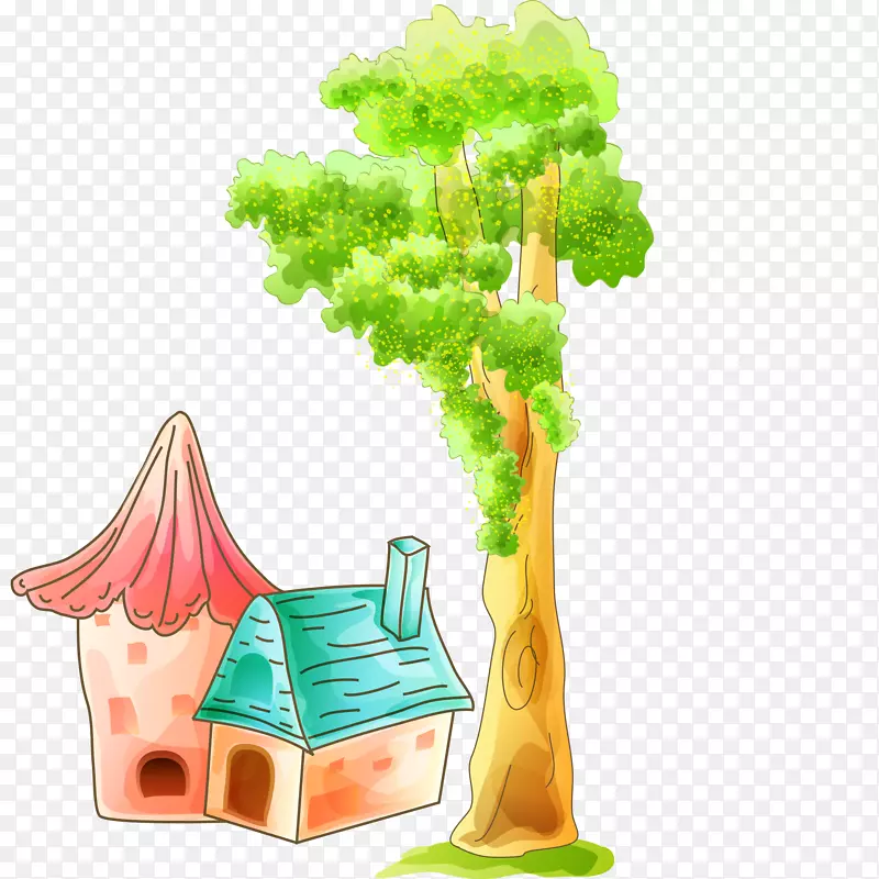 可爱小清新装饰海报装饰小树和房