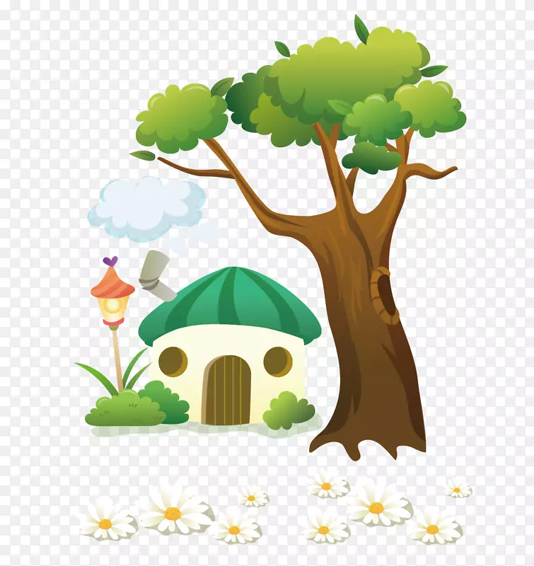 卡通门前大树和花草PNG图片素材下载_图片编号7569548-PNG素材网