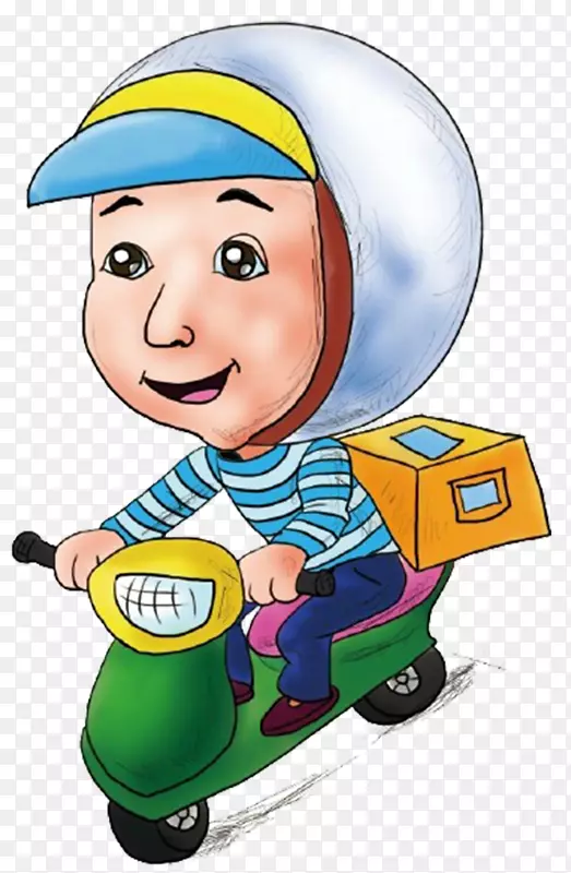 卡通小男孩骑着绿色小电瓶车