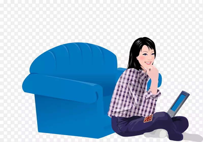 蓝色沙发看平板电脑的矢量女人