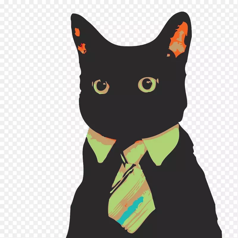 系绿色领带的黑色小猫