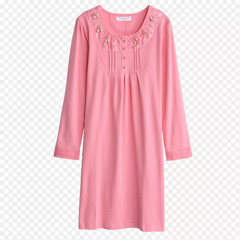 粉色长袖纯棉睡裙