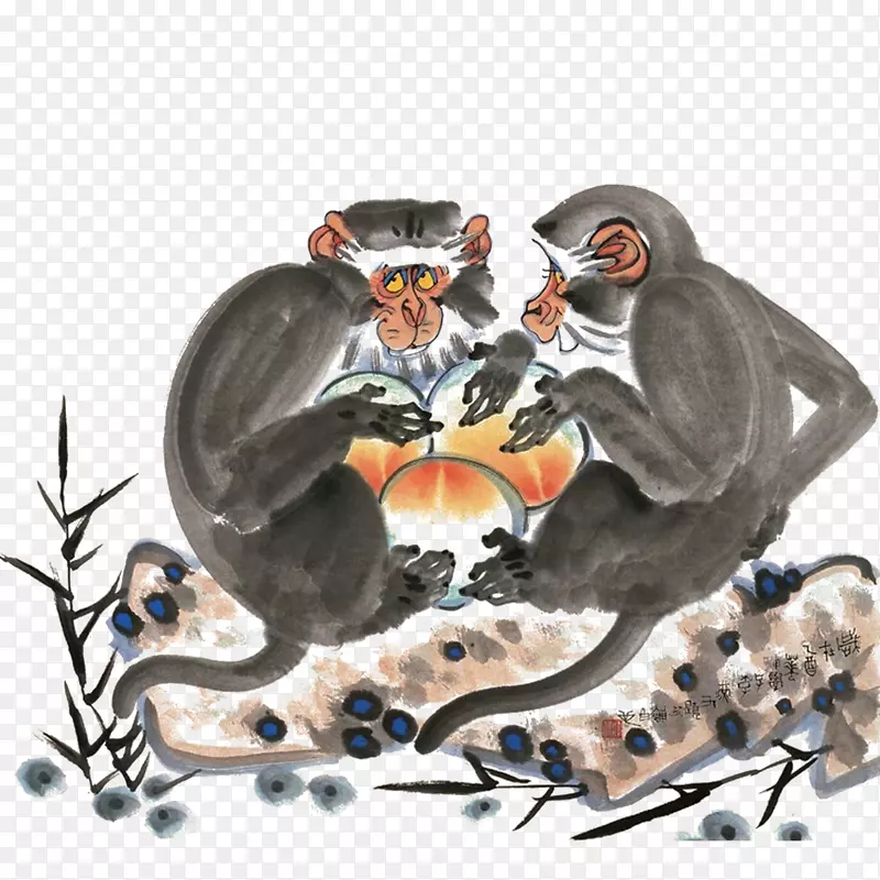中国风水墨画两只猿猴坐在石头上