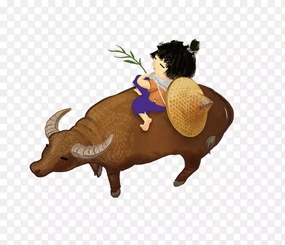 卡通手绘牛背上的牧童