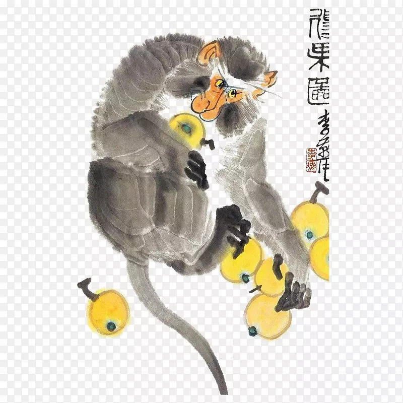 中国风水墨画一只可爱的猿猴抱枇