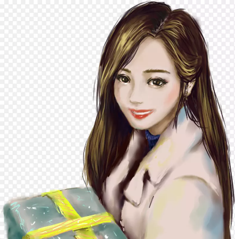 手绘收到礼物的美女