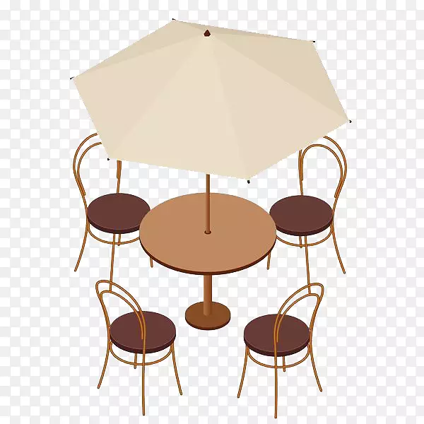 遮阳伞下面的圆桌与凳子