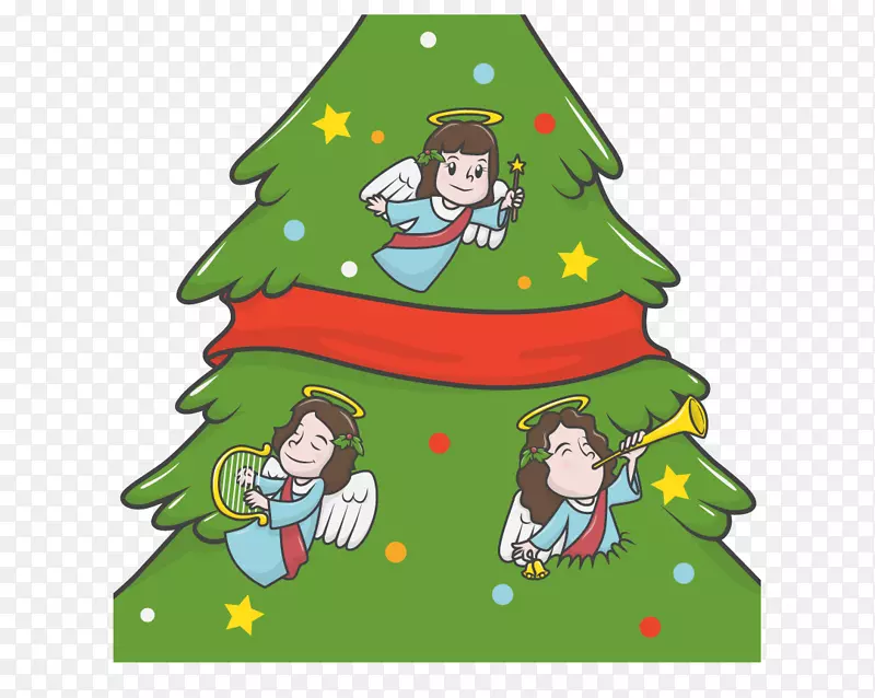 卡通矢量圣诞树上的天使